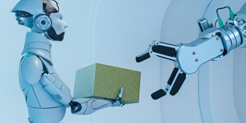 image that show AI for Supply Chain Optimization works through robot with box