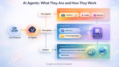 How to build AI agents diagram showing perception, cognition, decision making, memory, and action workflow