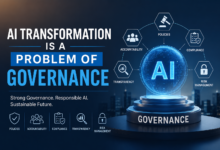 AI Transformation Is a Problem of Governance feature image showing AI governance, compliance, accountability, transparency, policies, and risk management in a futuristic business technology environment.