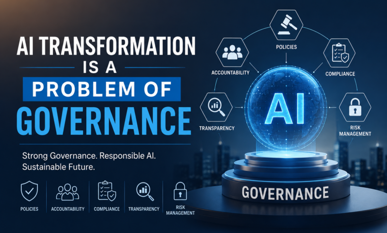 AI Transformation Is a Problem of Governance feature image showing AI governance, compliance, accountability, transparency, policies, and risk management in a futuristic business technology environment.