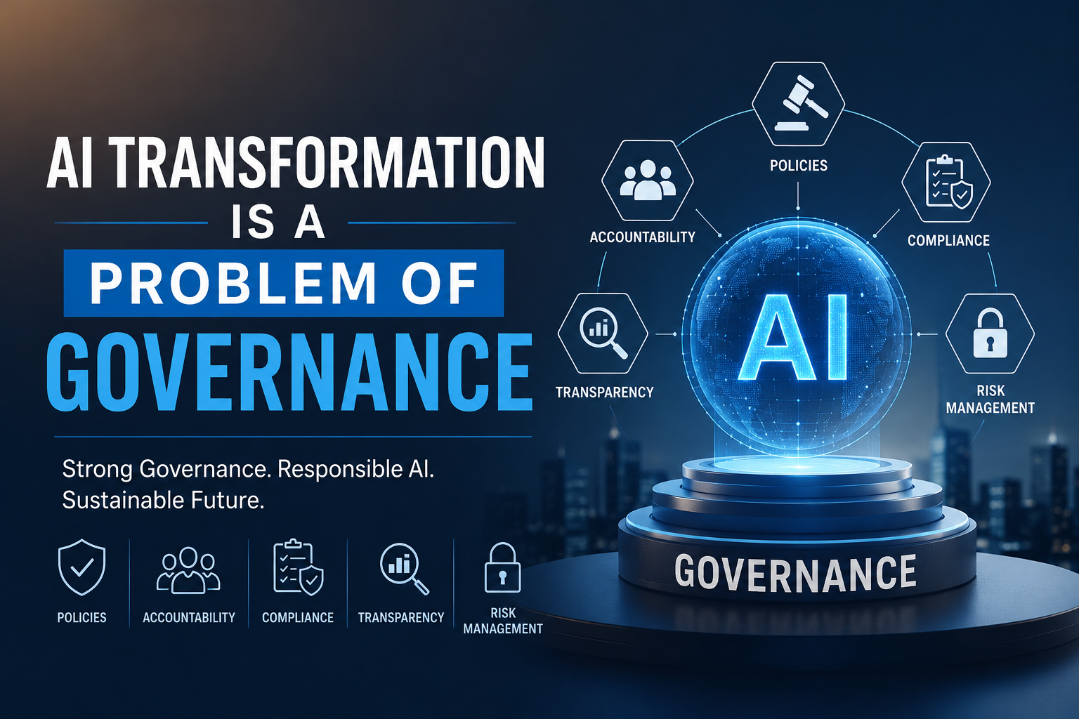 AI Transformation Is a Problem of Governance feature image showing AI governance, compliance, accountability, transparency, policies, and risk management in a futuristic business technology environment.