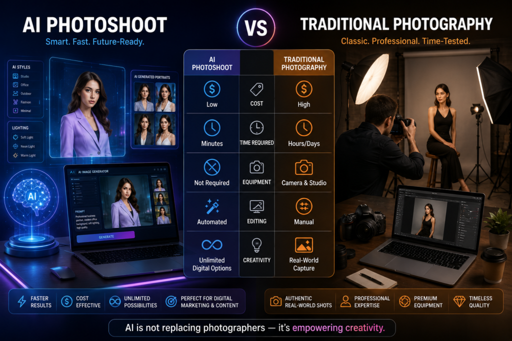 AI Photoshoot vs Traditional Photography comparison showing cost, time, equipment, editing, and creativity differences