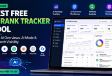 Best free AI rank tracker tool dashboard showing Google AI Overviews, AI Mode tracking, ChatGPT, Gemini, Claude, Perplexity, Bing Copilot visibility monitoring, AI citations, and search ranking analytics.