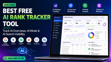 Best free AI rank tracker tool dashboard showing Google AI Overviews, AI Mode tracking, ChatGPT, Gemini, Claude, Perplexity, Bing Copilot visibility monitoring, AI citations, and search ranking analytics.