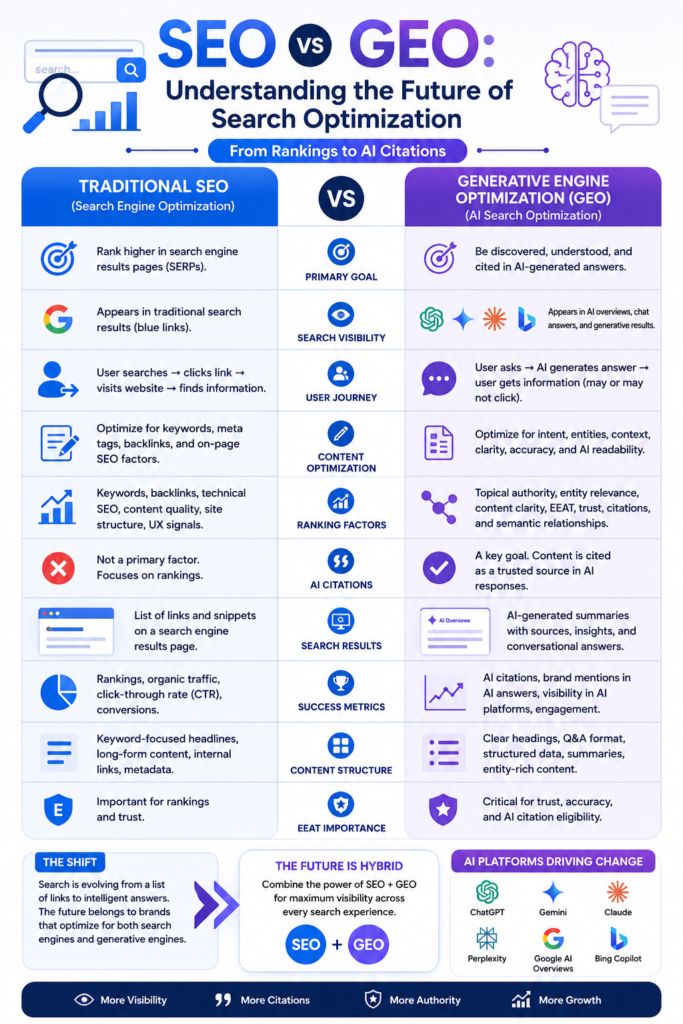 SEO vs GEO comparison infographic showing differences between traditional search optimization and AI search optimization