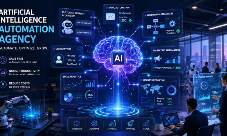 Artificial Intelligence Automation Agency helping businesses automate workflows, customer support, marketing, and data management with AI technology