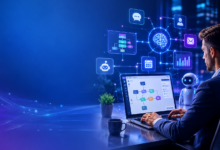 How to Build AI Agents Without Coding – Business professional creating AI automation workflows using a no-code platform in a futuristic digital workspace