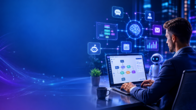 How to Build AI Agents Without Coding – Business professional creating AI automation workflows using a no-code platform in a futuristic digital workspace