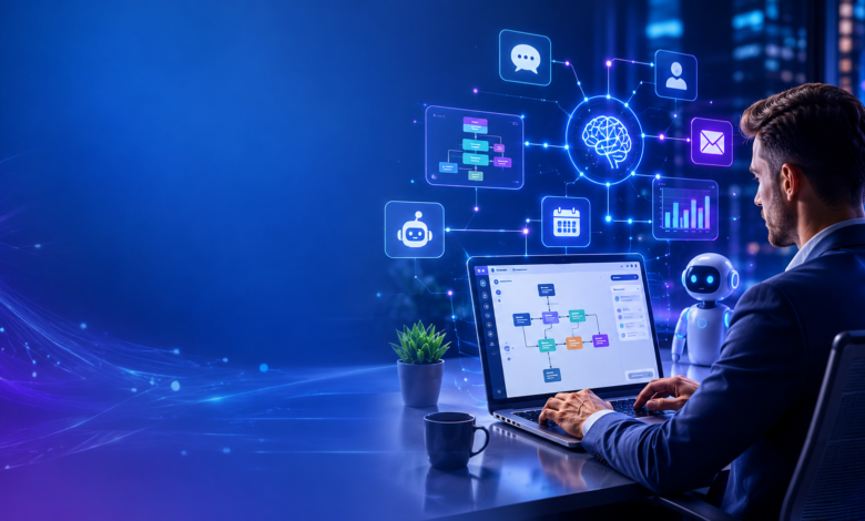 How to Build AI Agents Without Coding – Business professional creating AI automation workflows using a no-code platform in a futuristic digital workspace