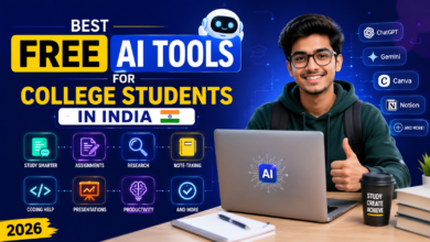 Best Free AI Tools for College Students in India 2026 feature image showing AI-powered study tools for assignments, coding, research, note-taking, presentations, and productivity.
