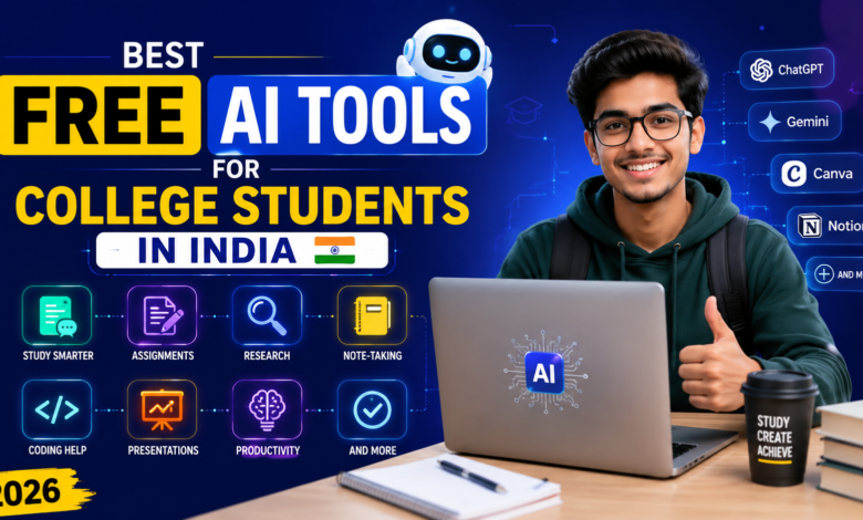 Best Free AI Tools for College Students in India 2026 feature image showing AI-powered study tools for assignments, coding, research, note-taking, presentations, and productivity.