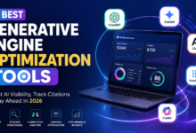 "Best Generative Engine Optimization Tools 2026 infographic featuring AI visibility tracking dashboard, citation monitoring analytics, and leading AI platforms including ChatGPT, Gemini, Claude, Perplexity, and Copilot.