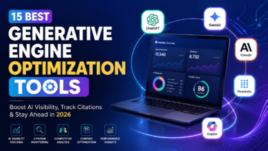 "Best Generative Engine Optimization Tools 2026 infographic featuring AI visibility tracking dashboard, citation monitoring analytics, and leading AI platforms including ChatGPT, Gemini, Claude, Perplexity, and Copilot.