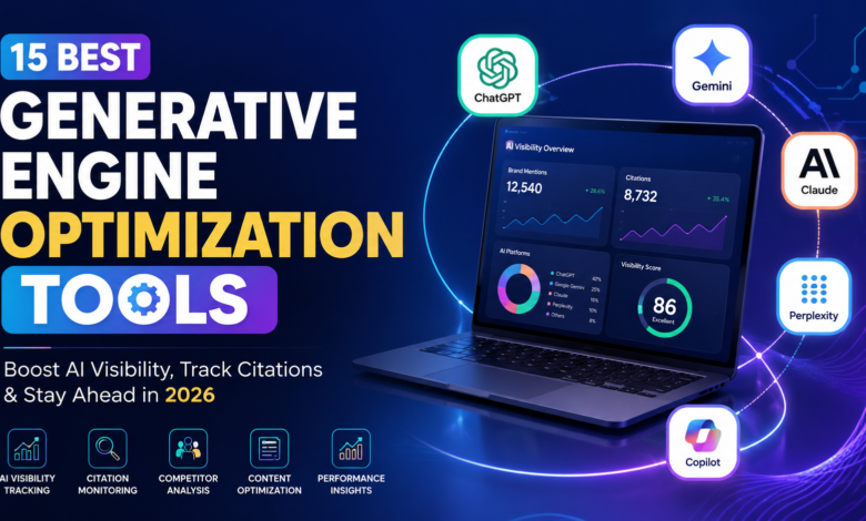 "Best Generative Engine Optimization Tools 2026 infographic featuring AI visibility tracking dashboard, citation monitoring analytics, and leading AI platforms including ChatGPT, Gemini, Claude, Perplexity, and Copilot.