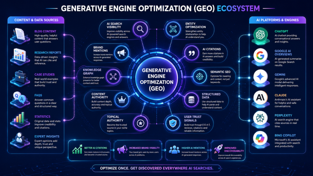 Generative Engine Optimization ecosystem diagram showing how blog content, research reports, case studies, FAQs, statistics, and expert insights connect through GEO strategies to improve visibility across ChatGPT, Google AI Overviews, Gemini, Claude, Perplexity, and Bing Copilot.