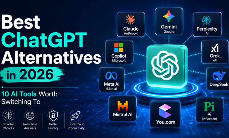 Best ChatGPT Alternatives in 2026 featuring Claude, Gemini, Perplexity, Copilot, Grok, DeepSeek, Mistral AI, Meta AI, Pi, and You.com for writing, research, coding, and productivity.