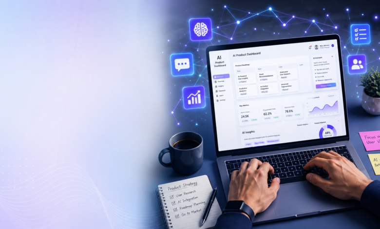 AI tools for product managers dashboard displaying product roadmap, analytics, and AI-powered workflow on a modern digital workspace