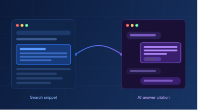Illustration comparing Answer Engine Optimization and Generative Engine Optimization, showing a search snippet next to an AI chat citation"