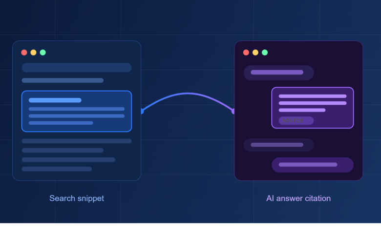 Illustration comparing Answer Engine Optimization and Generative Engine Optimization, showing a search snippet next to an AI chat citation"