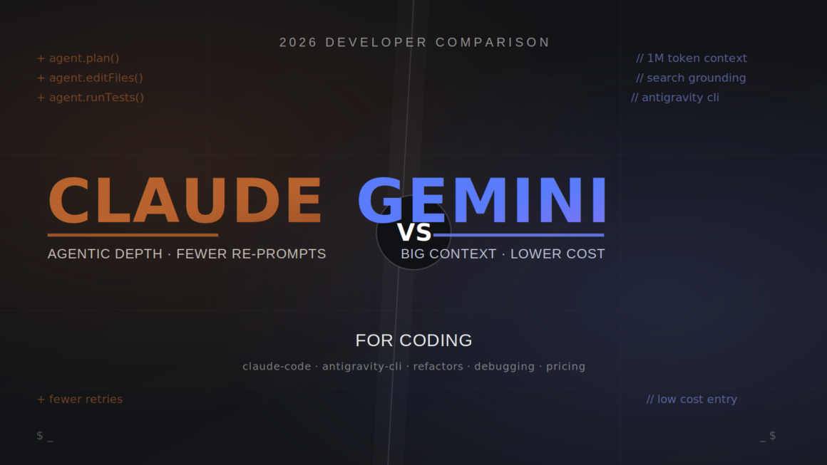 Claude vs Gemini for coding — 2026 developer comparison of Claude Code and Antigravity CLI (Gemini) for AI-assisted programming