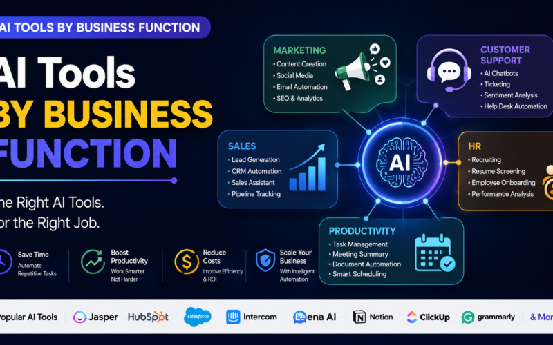 AI tools by business function — marketing, sales, support, HR, and productivity icons