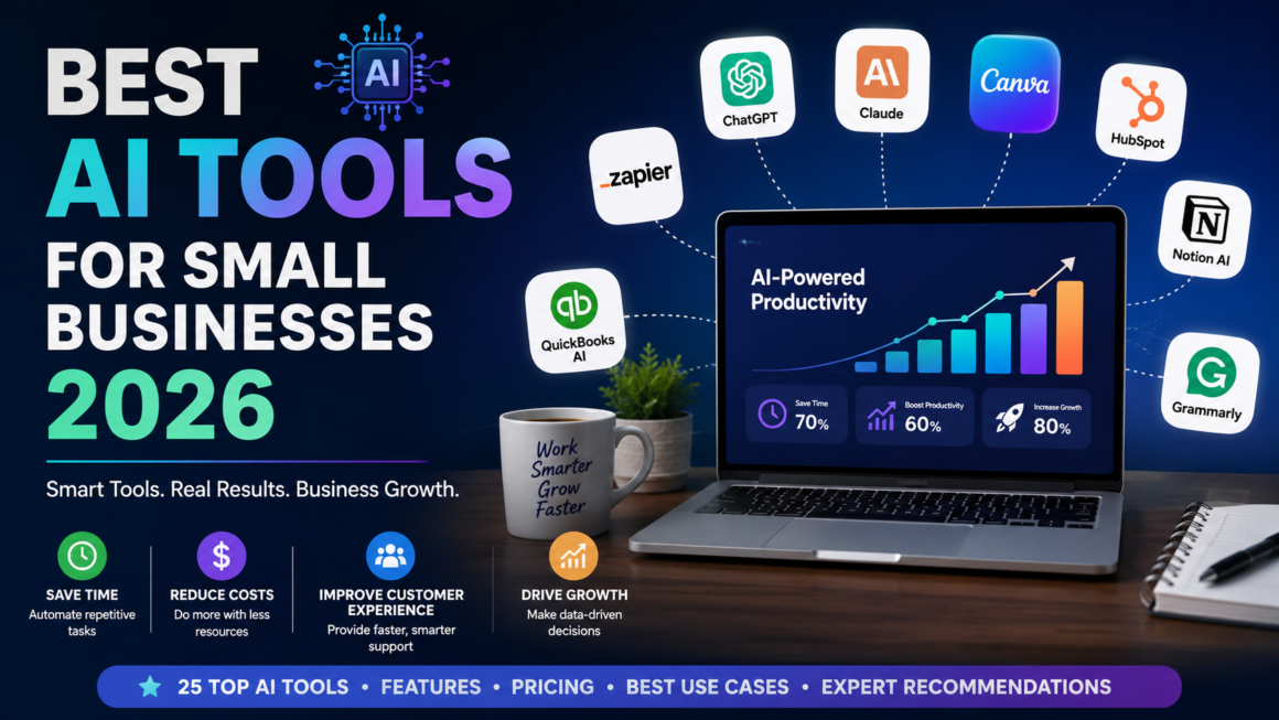 Best AI tools for small businesses 2026 comparison featuring ChatGPT, Claude, Canva AI, HubSpot, Zapier, Notion AI, and QuickBooks for productivity and business growth