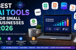 Best AI tools for small businesses 2026 comparison featuring ChatGPT, Claude, Canva AI, HubSpot, Zapier, Notion AI, and QuickBooks for productivity and business growth