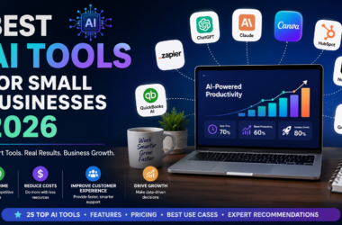 Best AI tools for small businesses 2026 comparison featuring ChatGPT, Claude, Canva AI, HubSpot, Zapier, Notion AI, and QuickBooks for productivity and business growth