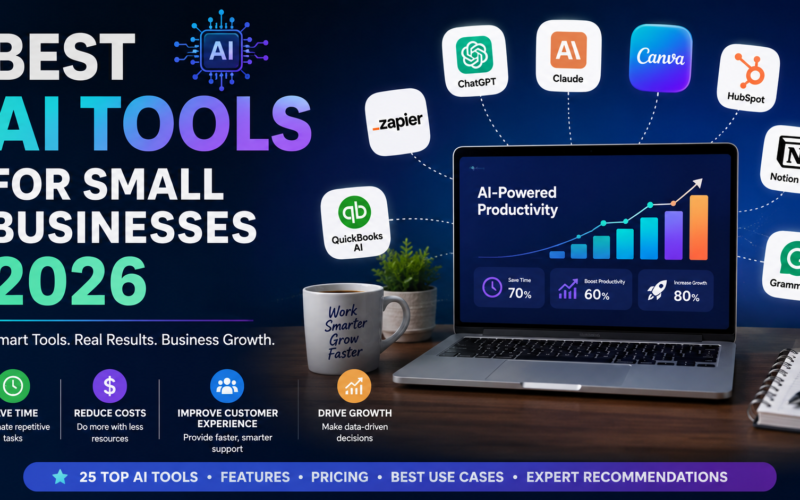 Best AI tools for small businesses 2026 comparison featuring ChatGPT, Claude, Canva AI, HubSpot, Zapier, Notion AI, and QuickBooks for productivity and business growth