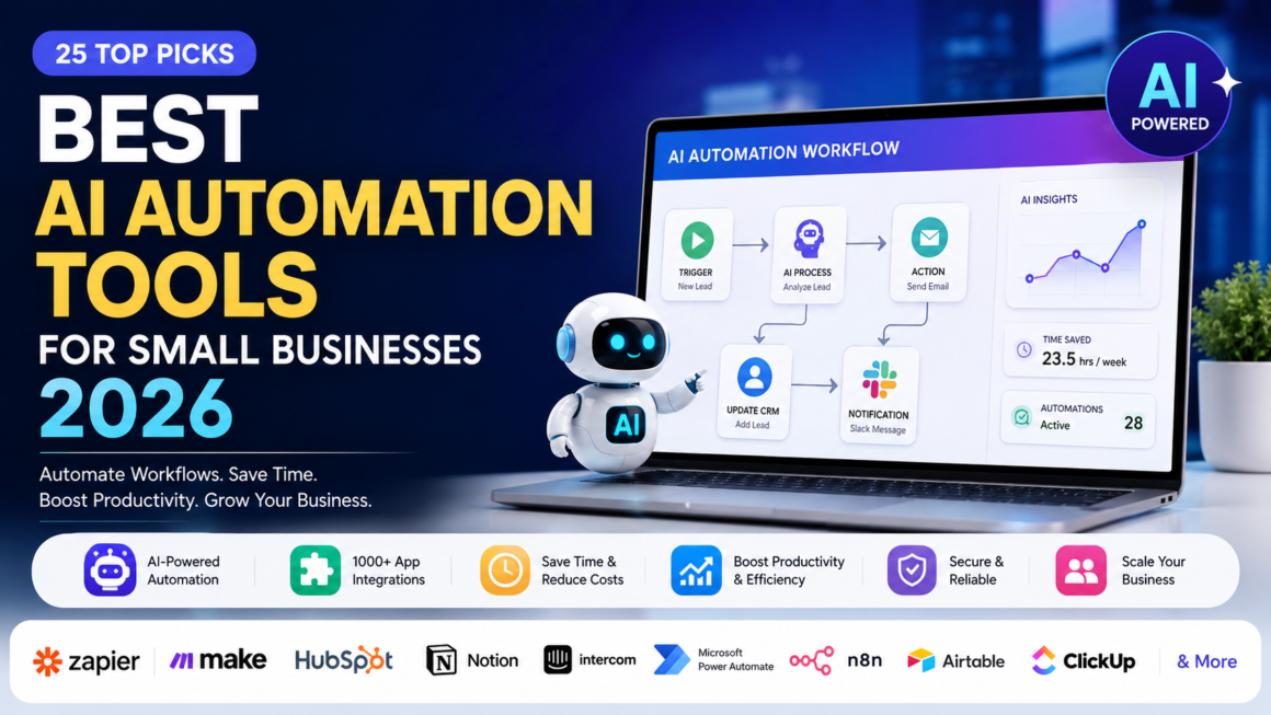 Best AI Automation Tools for Small Businesses 2026 feature image showing AI workflow automation dashboard, business productivity software, CRM automation, and top AI tools for growing businesses