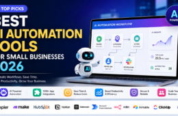 Best AI Automation Tools for Small Businesses 2026 feature image showing AI workflow automation dashboard, business productivity software, CRM automation, and top AI tools for growing businesses