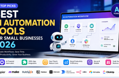 Best AI Automation Tools for Small Businesses 2026 feature image showing AI workflow automation dashboard, business productivity software, CRM automation, and top AI tools for growing businesses