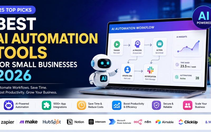 Best AI Automation Tools for Small Businesses 2026 feature image showing AI workflow automation dashboard, business productivity software, CRM automation, and top AI tools for growing businesses