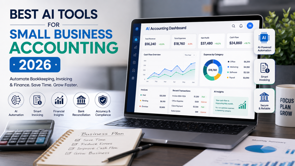 Best AI Tools for Small Business Accounting 2026 feature image showing an AI accounting dashboard with automated bookkeeping, invoicing, financial analytics, cash flow tracking, and business finance insights on a laptop.