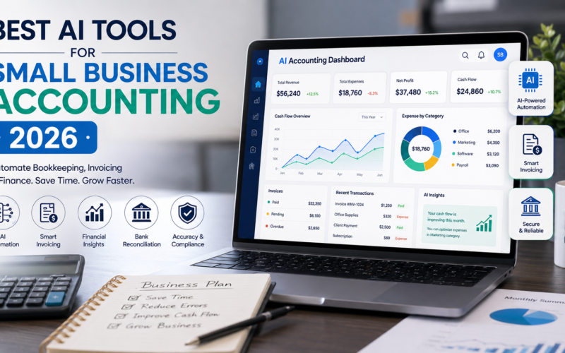 Best AI Tools for Small Business Accounting 2026 feature image showing an AI accounting dashboard with automated bookkeeping, invoicing, financial analytics, cash flow tracking, and business finance insights on a laptop.