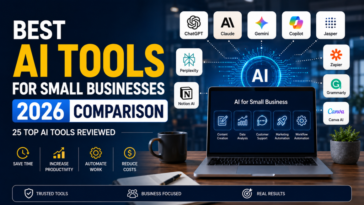Best AI Tools for Small Businesses 2026 Comparison featuring ChatGPT, Claude, Gemini, Copilot, Jasper, Perplexity, Notion AI, and Zapier with business AI software comparison 