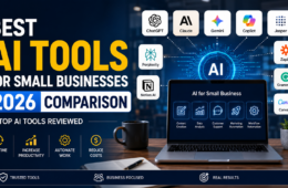 Best AI Tools for Small Businesses 2026 Comparison featuring ChatGPT, Claude, Gemini, Copilot, Jasper, Perplexity, Notion AI, and Zapier with business AI software comparison 