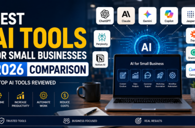 Best AI Tools for Small Businesses 2026 Comparison featuring ChatGPT, Claude, Gemini, Copilot, Jasper, Perplexity, Notion AI, and Zapier with business AI software comparison 