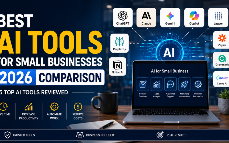 Best AI Tools for Small Businesses 2026 Comparison featuring ChatGPT, Claude, Gemini, Copilot, Jasper, Perplexity, Notion AI, and Zapier with business AI software comparison 