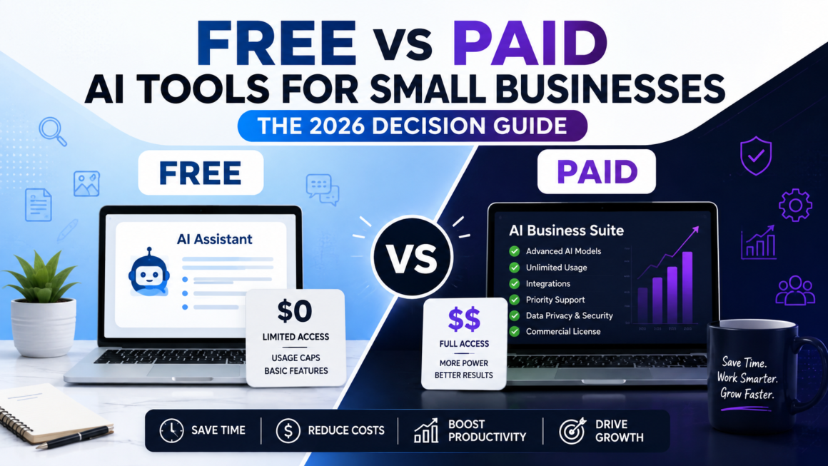 Free vs paid AI tools for small businesses comparison illustration