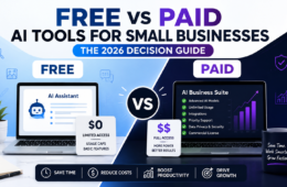 Free vs paid AI tools for small businesses comparison illustration
