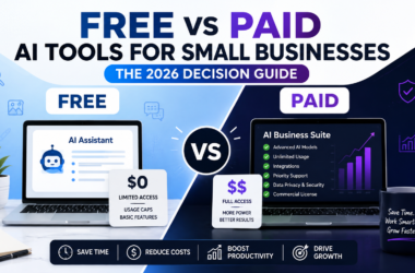 Free vs paid AI tools for small businesses comparison illustration