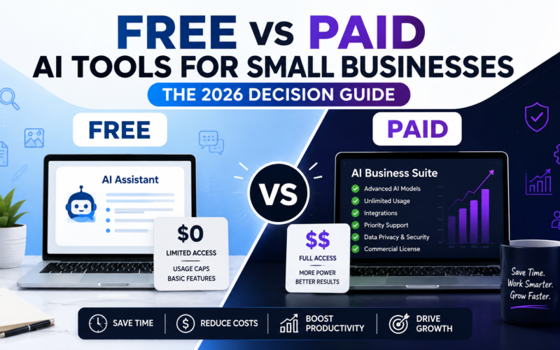 Free vs paid AI tools for small businesses comparison illustration