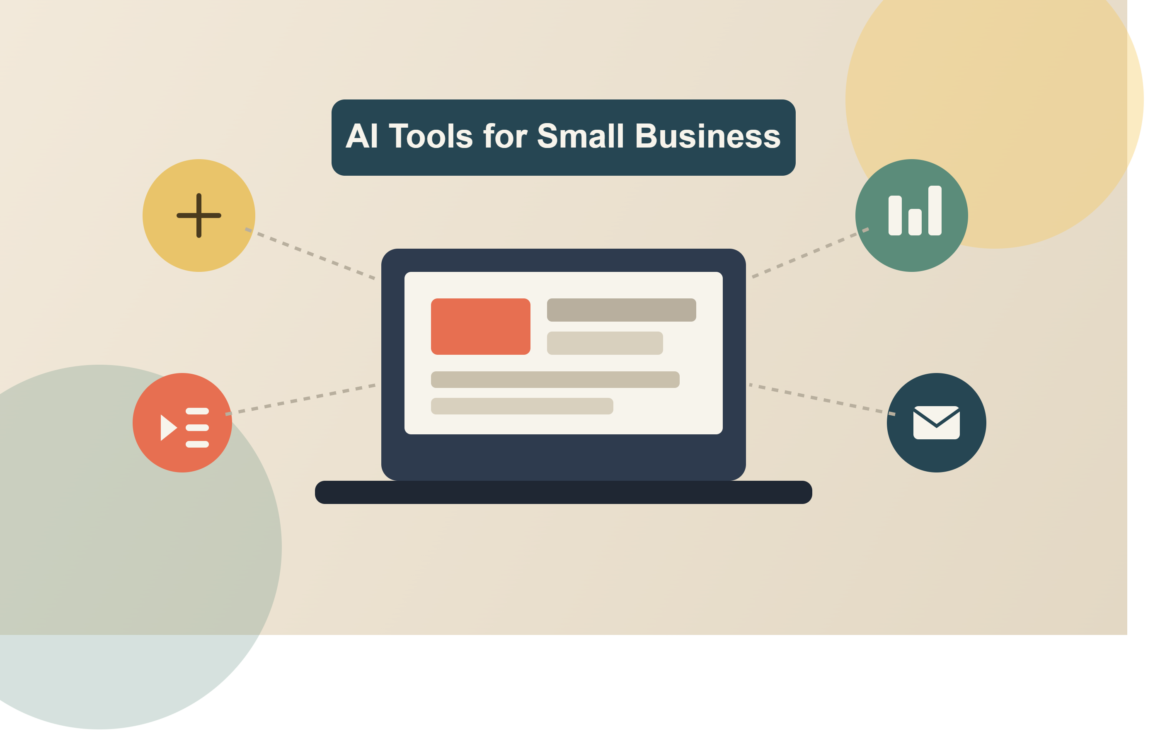 Feature image showing a laptop dashboard connected to AI tool icons, representing how to choose the best AI tools for small businesses in 2026