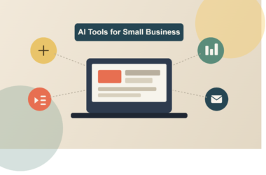 Feature image showing a laptop dashboard connected to AI tool icons, representing how to choose the best AI tools for small businesses in 2026