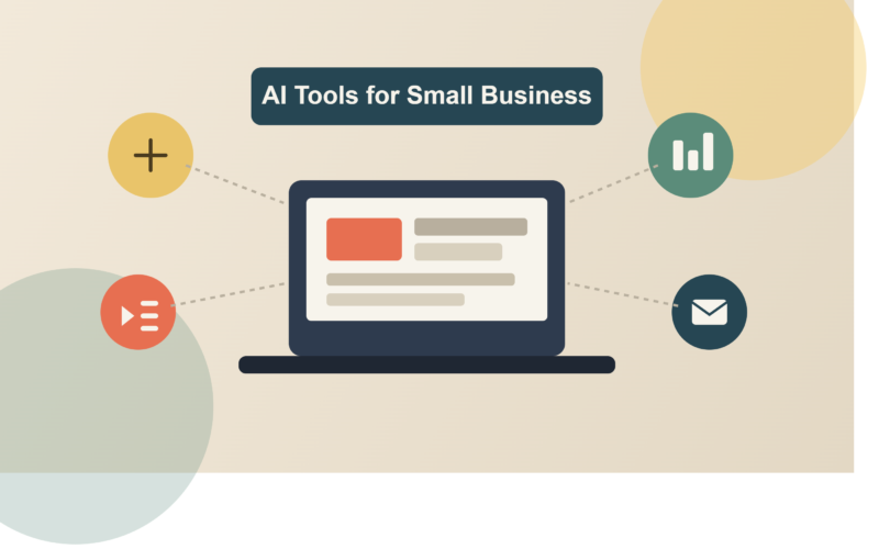 Feature image showing a laptop dashboard connected to AI tool icons, representing how to choose the best AI tools for small businesses in 2026