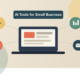 Feature image showing a laptop dashboard connected to AI tool icons, representing how to choose the best AI tools for small businesses in 2026