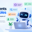 AI agents examples showing a robot using AI for coding, customer support, research, education, healthcare, marketing, and cybersecurity.