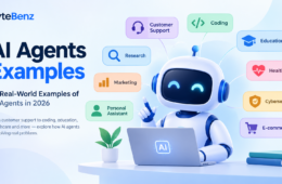 AI agents examples showing a robot using AI for coding, customer support, research, education, healthcare, marketing, and cybersecurity.