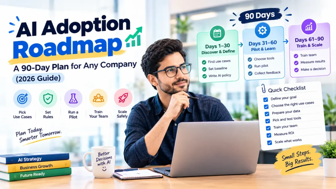 AI adoption roadmap infographic showing a 90-day AI implementation plan for businesses, including use case selection, AI usage policies, pilot testing, employee training, performance measurement, and scaling successful AI workflows.